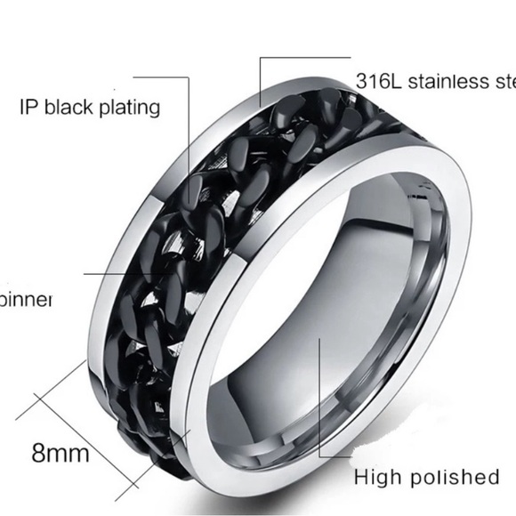 NWT-Unisex Silver & Black Spinning Chain Ring - Picture 3 of 4